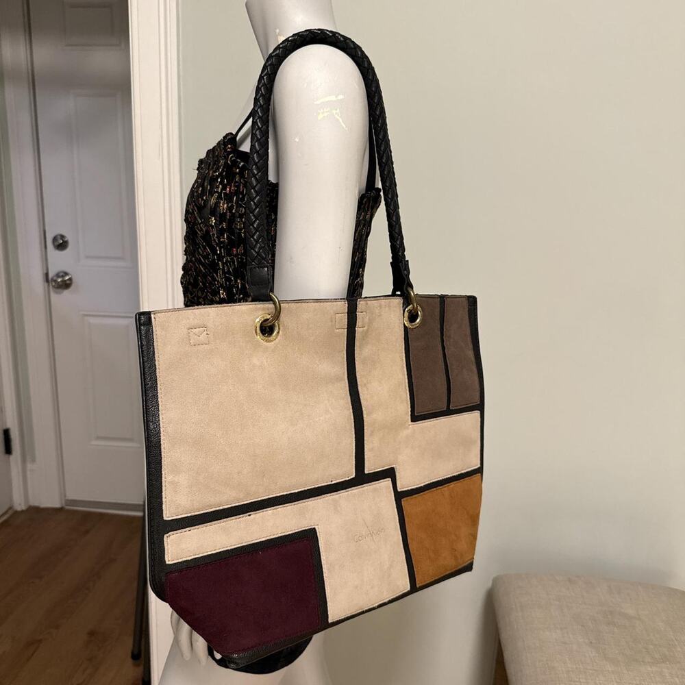 Tan brown geometric print leather tote bag work university class bag - Picture 2 of 8